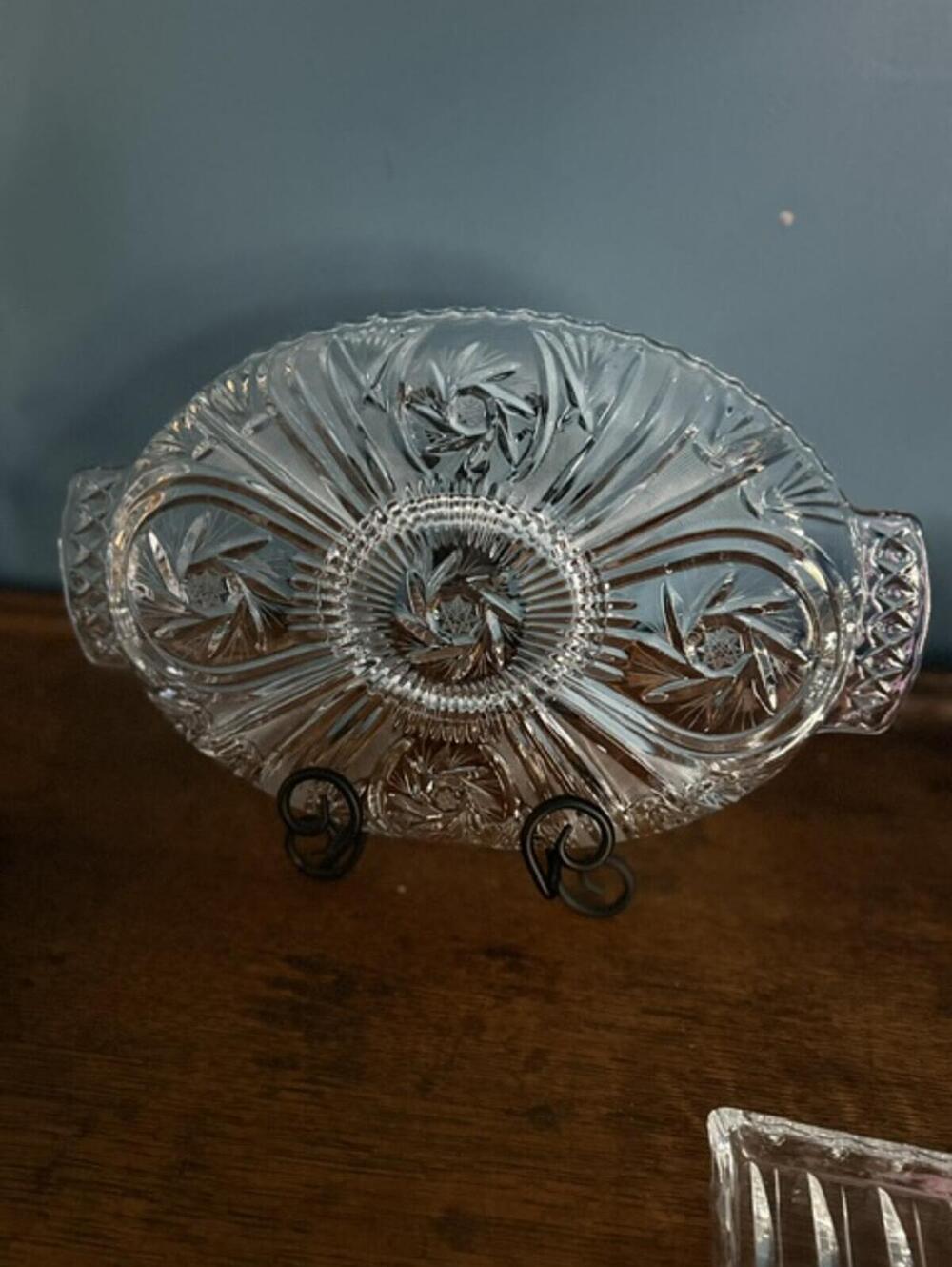 Vintage Crystal Glass Oval Serving Platter with Handles